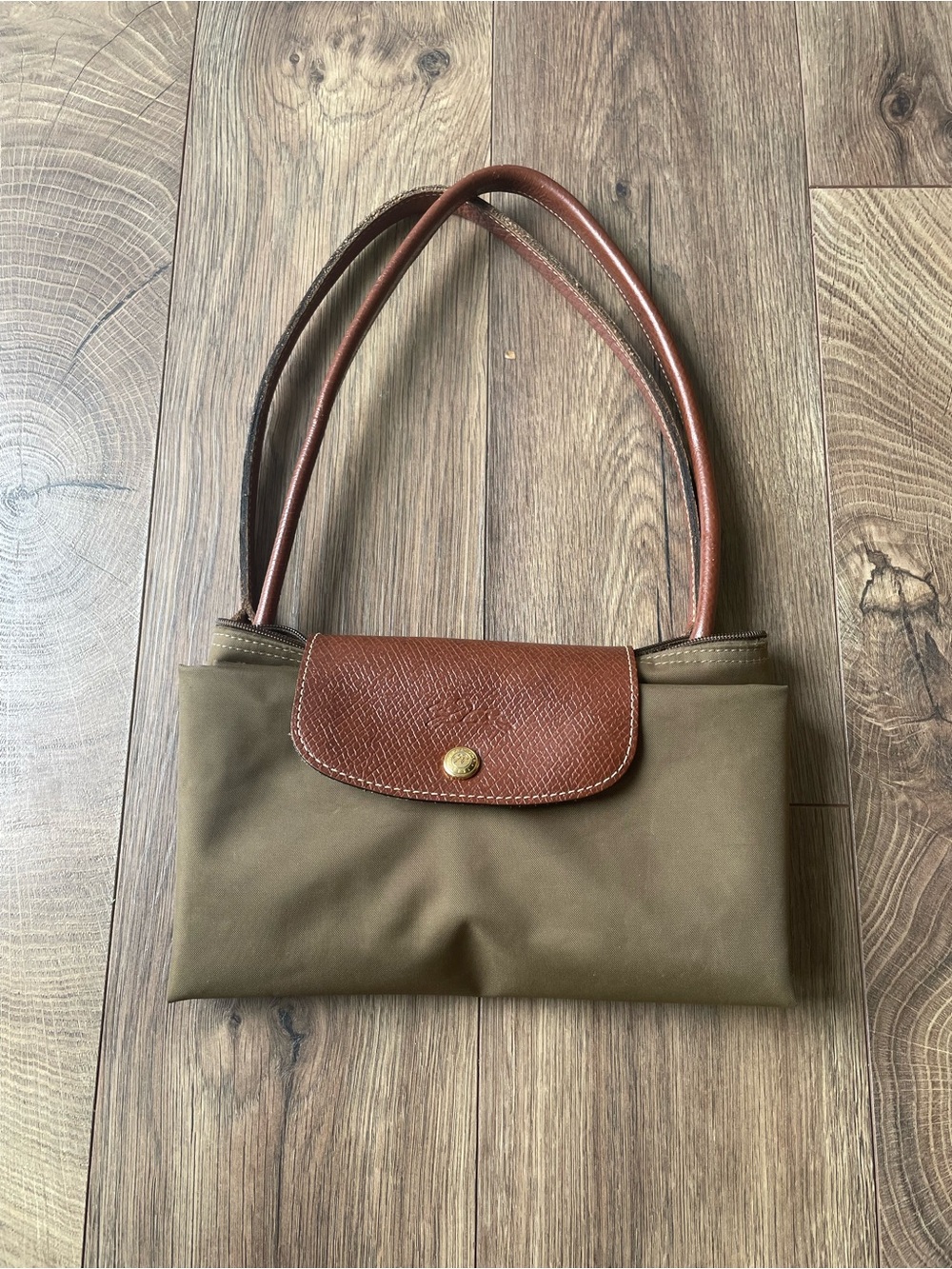 Vintage Longchamp Le Pliage Large Tote Bag Olive Green Leather Trim Gold Snap - Picture 16 of 16